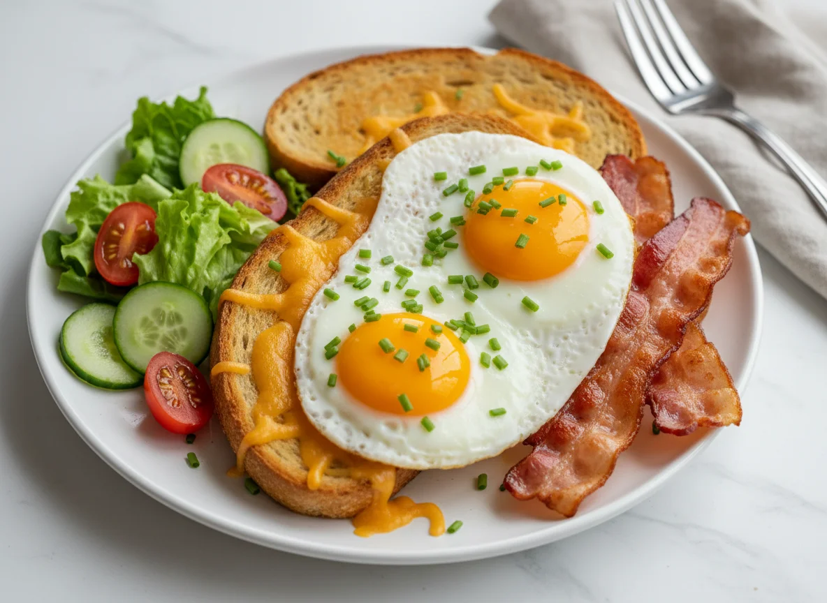 Toast mit Spiegelei, Speck und Käse photo