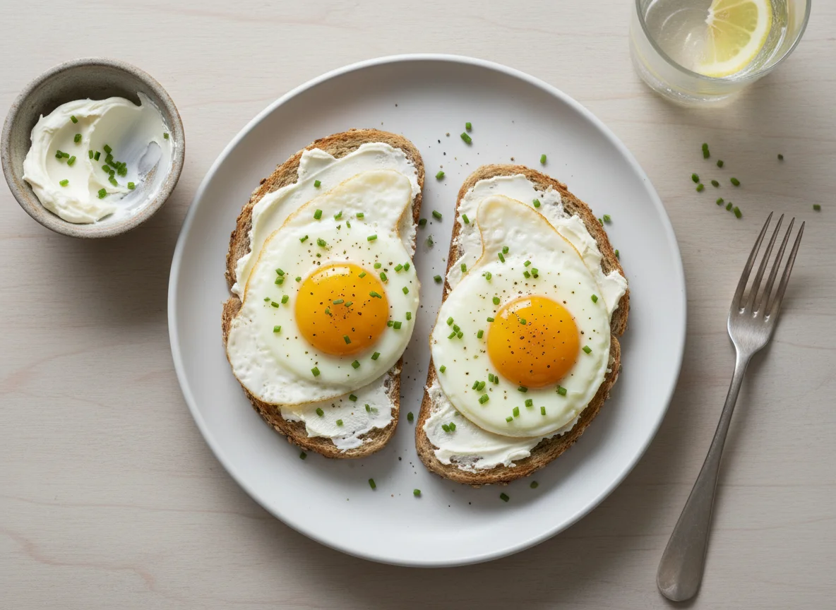 Toast mit Spiegelei und Frischkäse photo
