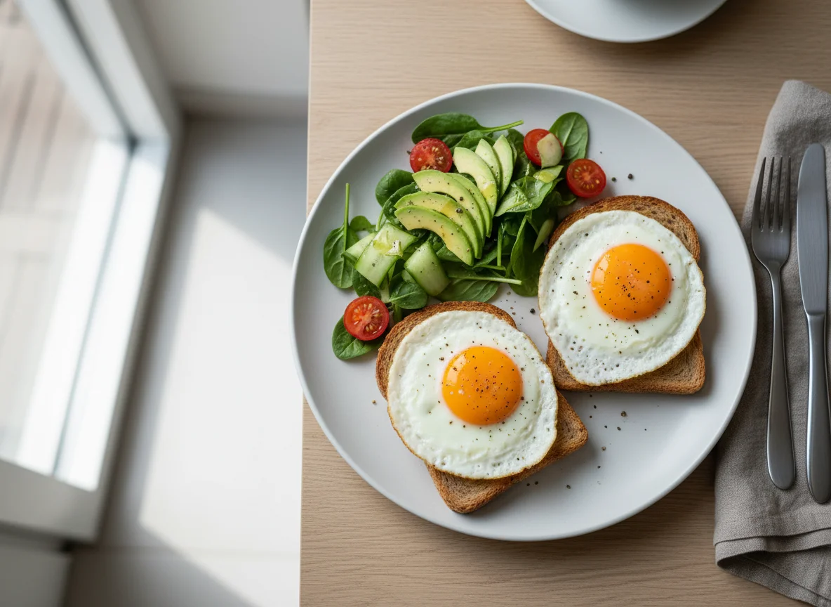 Toast mit Spiegelei und Salatbeilage photo
