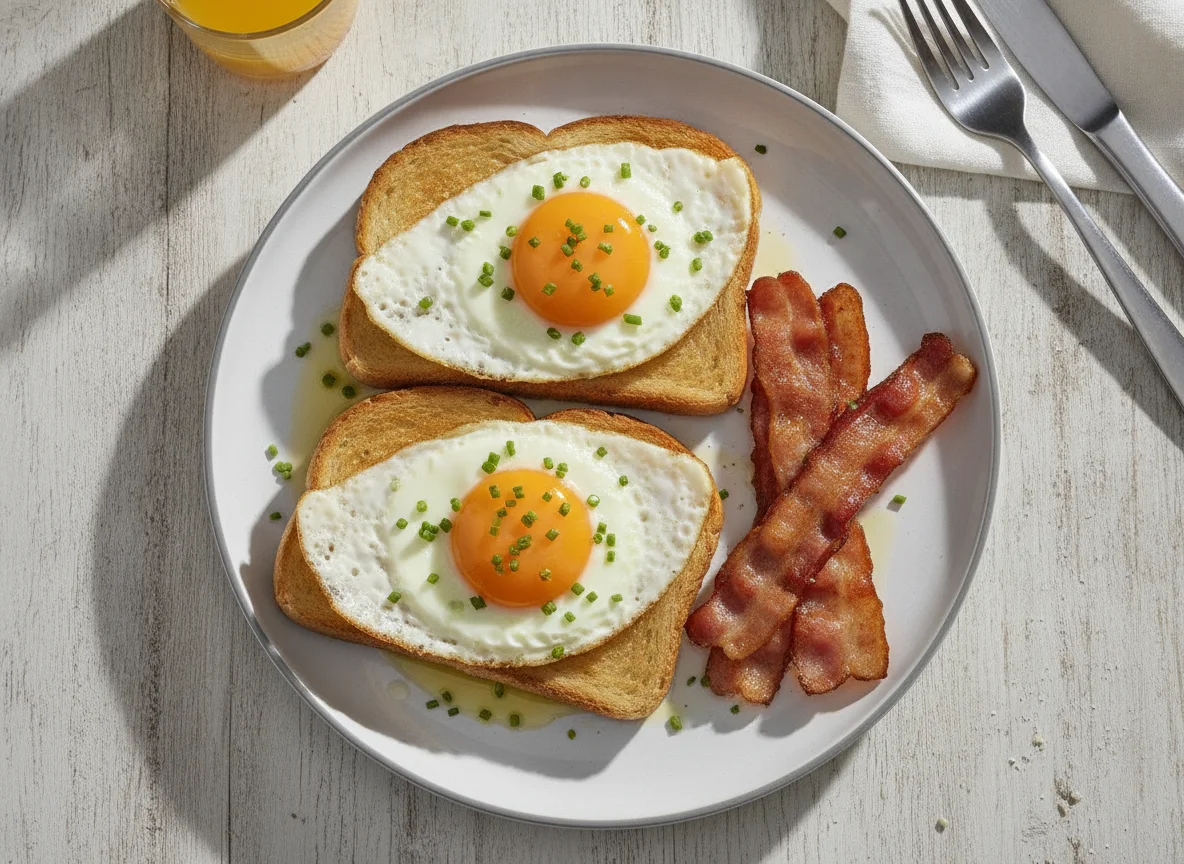 Toast mit Spiegelei und Speck photo