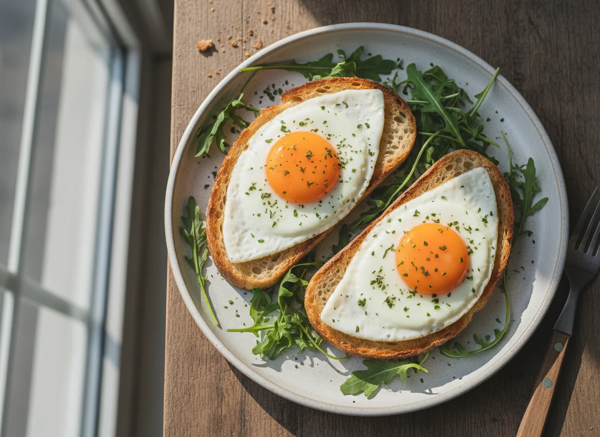 Toast mit Spiegeleiern und Rucola photo