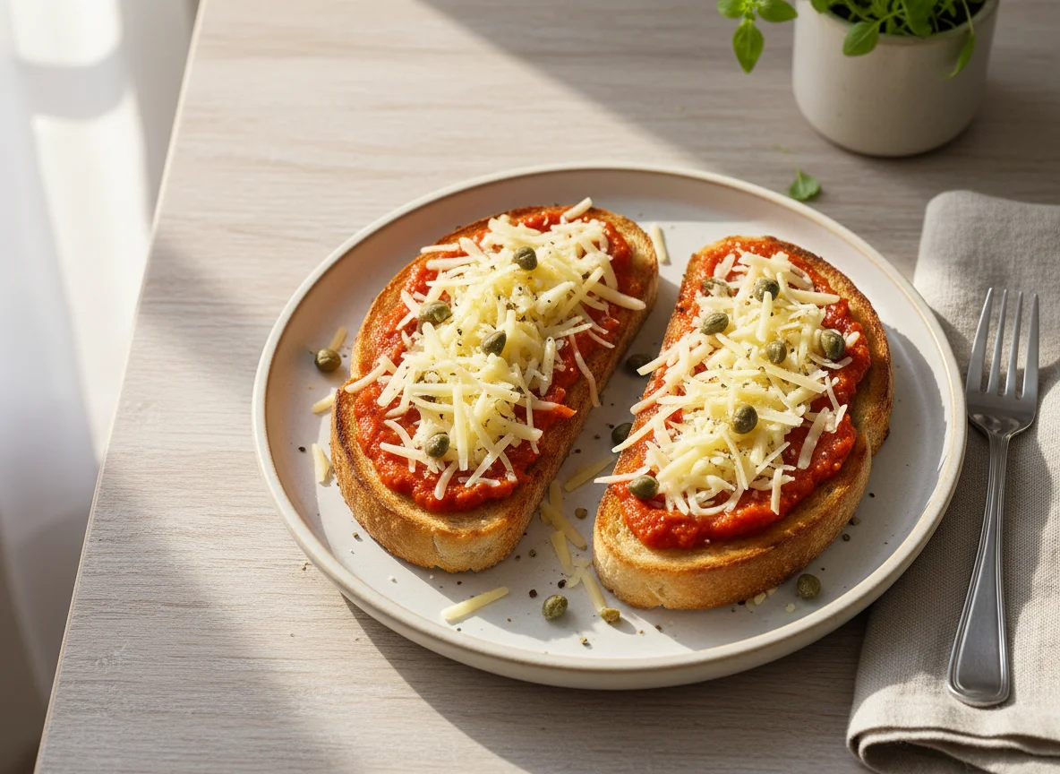 Toast mit Tomatensauce, Käse und Kapern photo