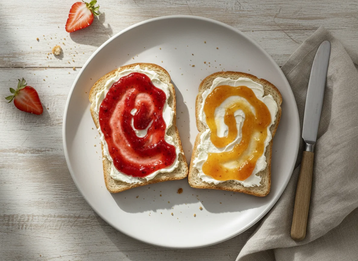 Toastbrot mit Frischkäse und Marmelade photo