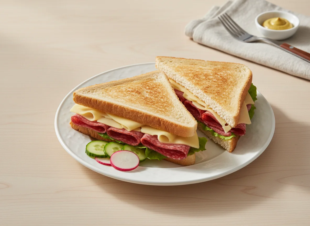 Toastbrot-Sandwich mit Wurst und Käse photo
