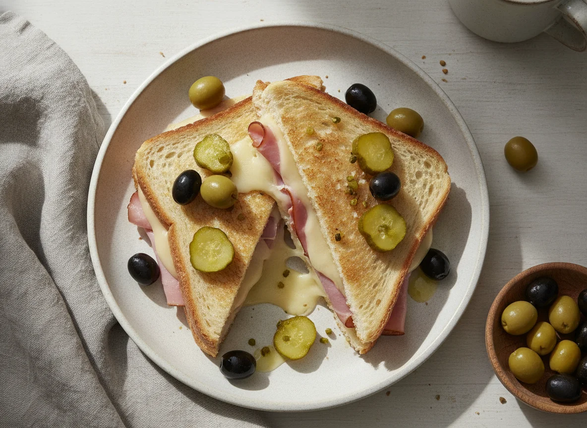 Toastie mit Essiggurken und Oliven photo
