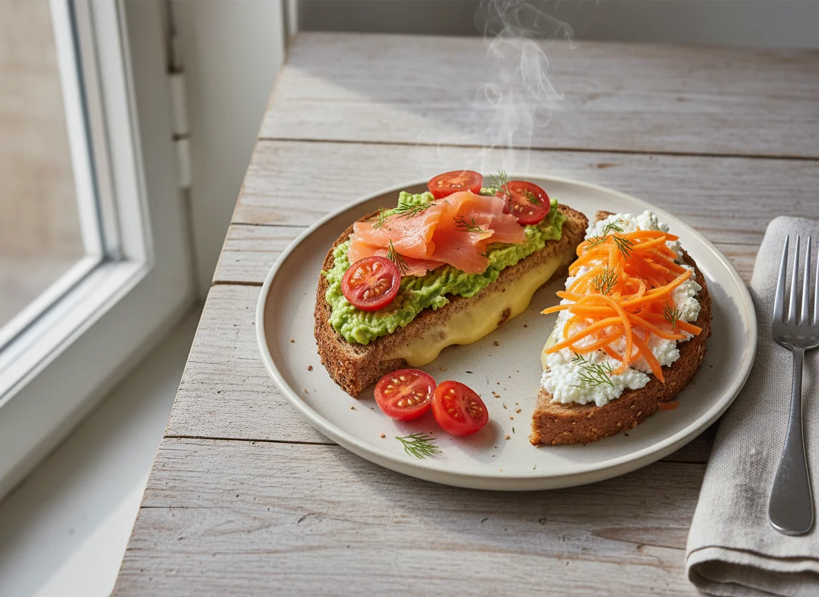 Toastie mit Lachs, Avocado und Tomaten photo