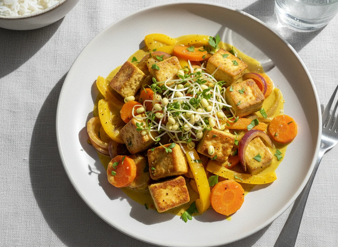 Tofu mit Gemüse und Currysauce photo