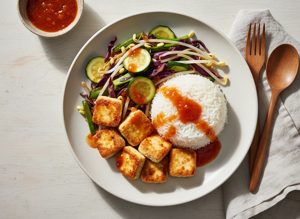 Tofu mit Gemüse und Reis photo