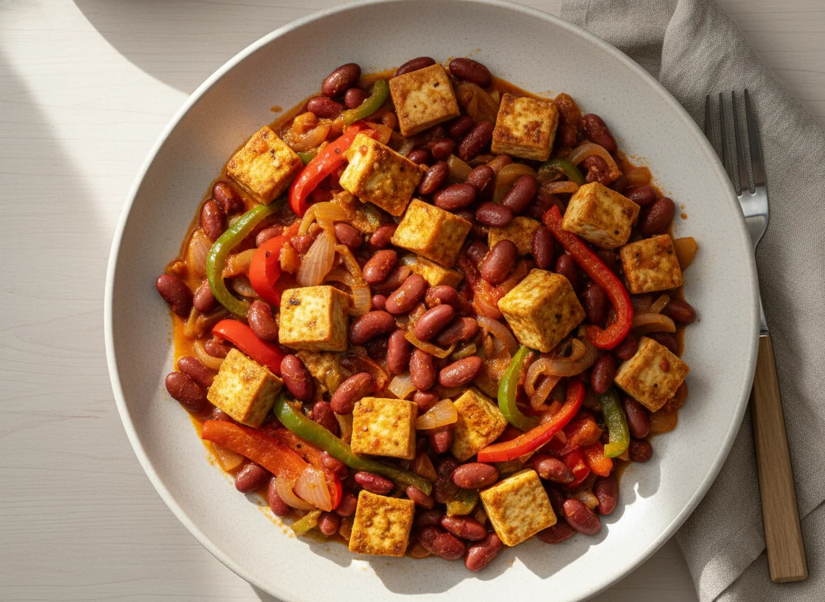 Tofu-Bohnen-Pfanne mit Paprika und Zwiebeln photo