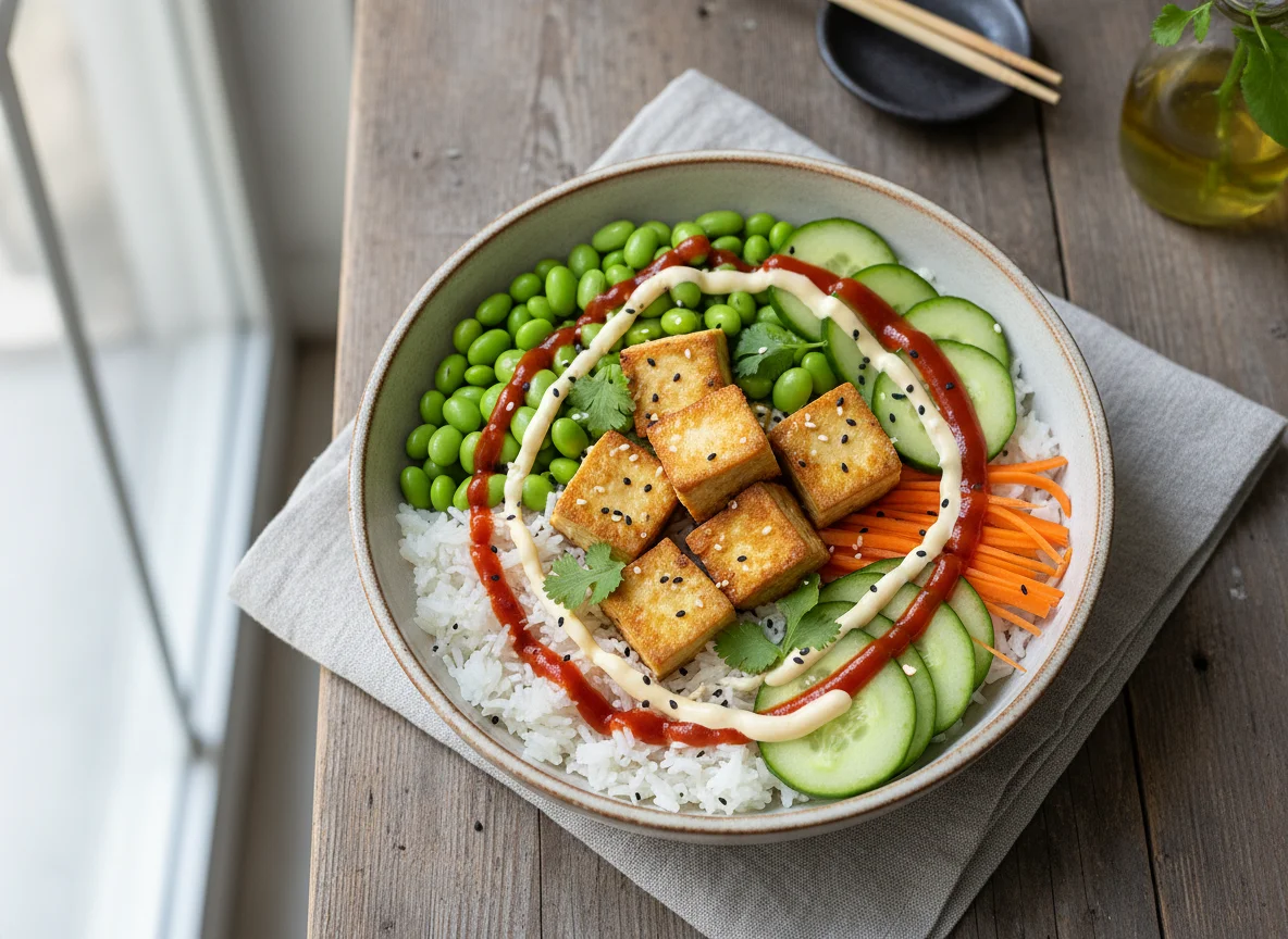 Tofu-Bowl mit Reis und Gemüse photo