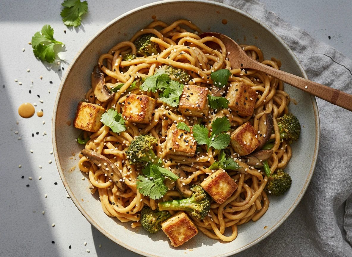Tofu-Brokkoli-Nudelbowl mit Erdnusssauce photo