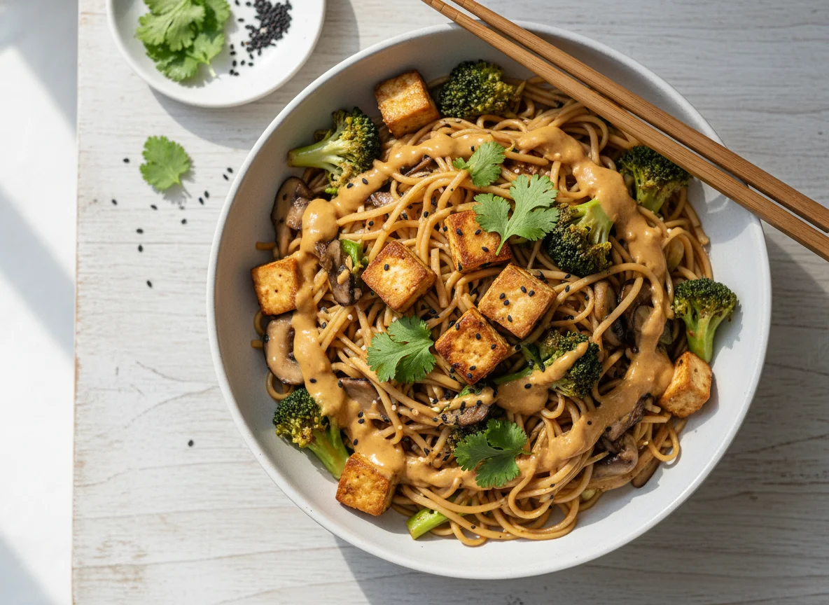 Tofu-Brokkoli-Nudel-Bowl mit Erdnusssauce photo