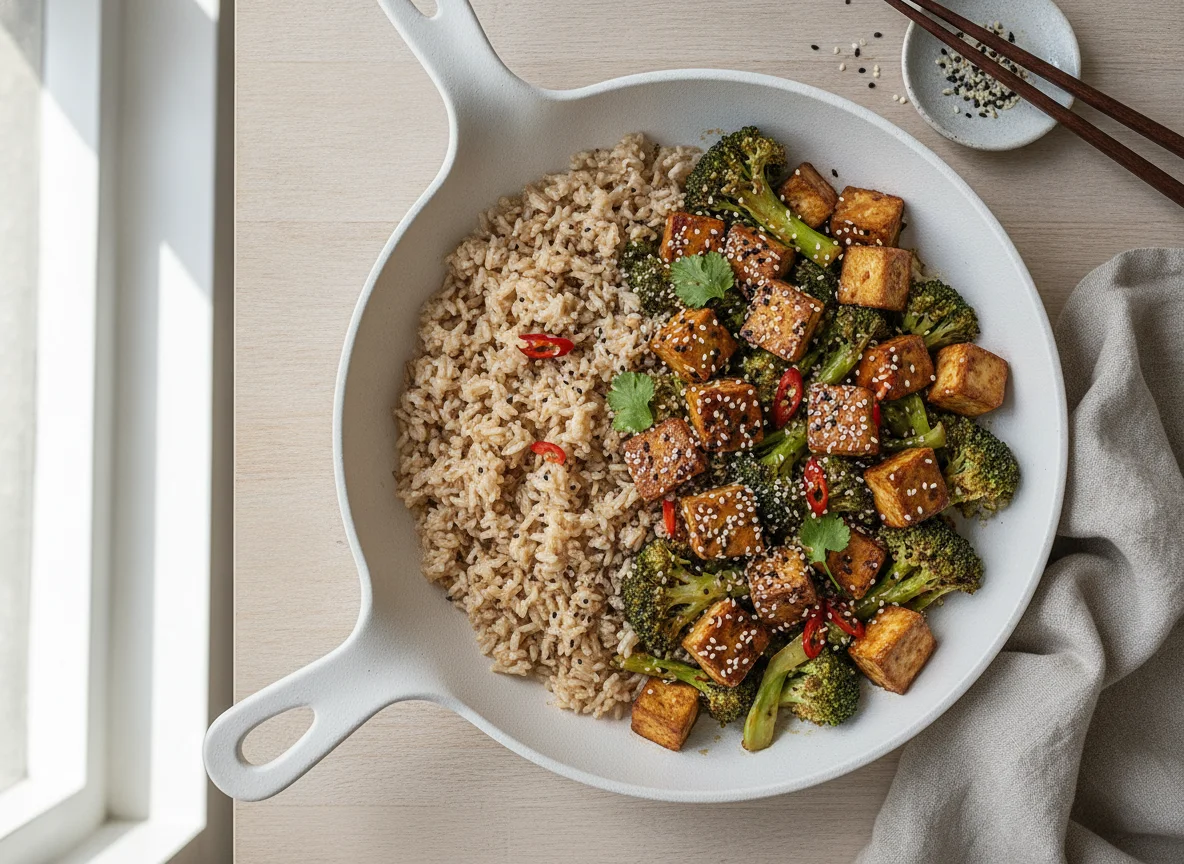 Tofu-Brokkoli-Pfanne mit Reis photo