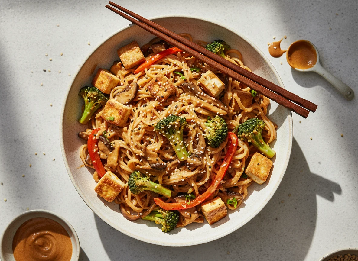 Tofu-Brokkoli-Pilz-Nudelgericht mit Erdnusssauce photo