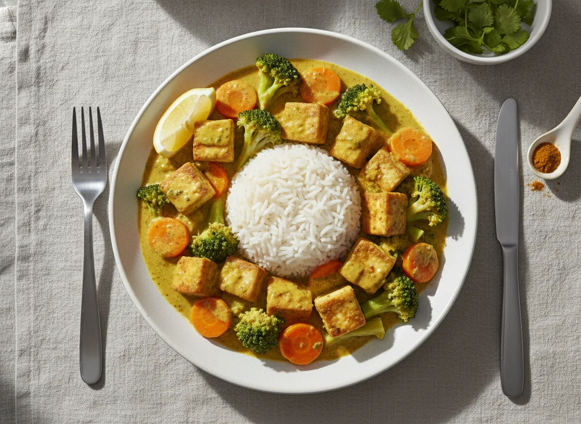 Tofu-Curry mit Reis und Brokkoli photo