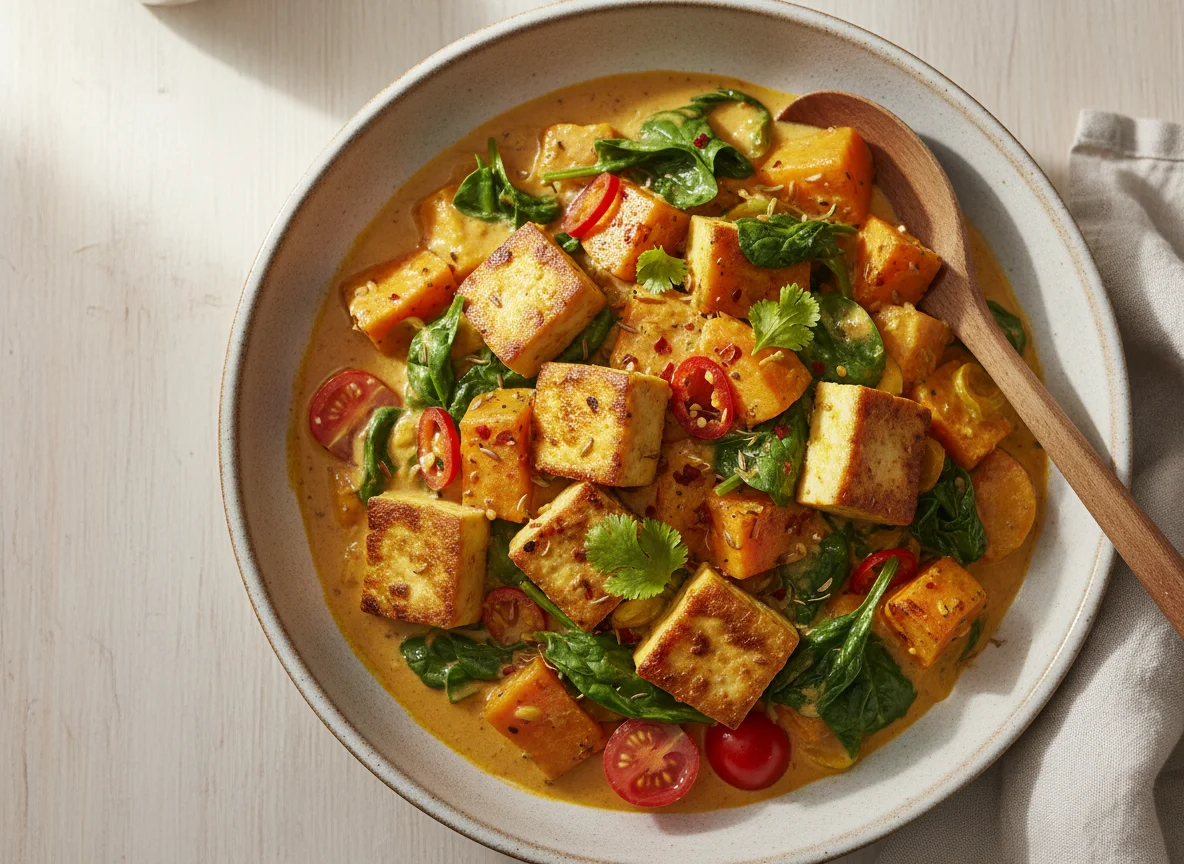 Tofu-Curry mit Süßkartoffel und Spinat photo