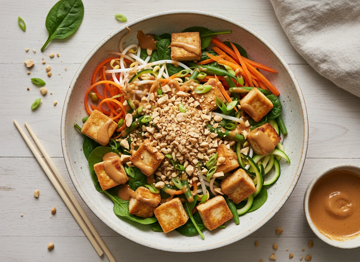 Tofu-Gemüse-Bowl mit Erdnüssen photo