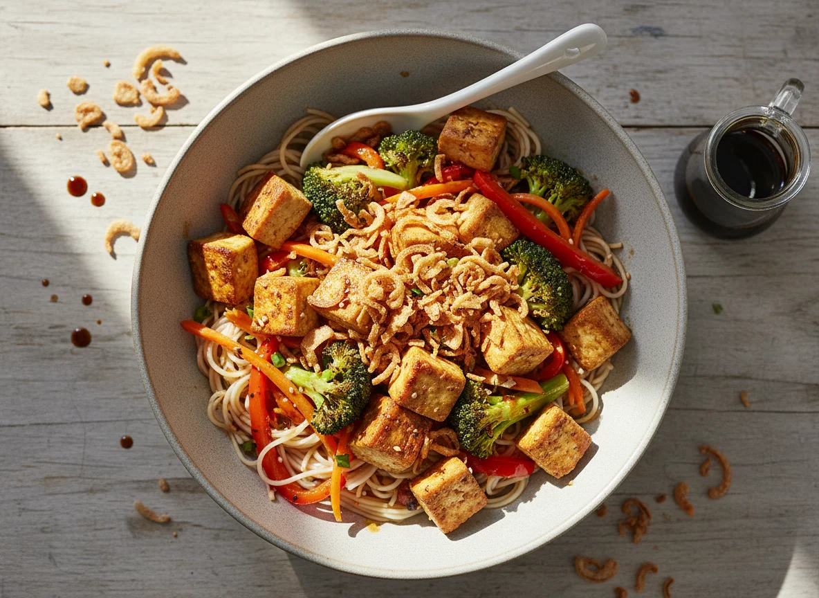Tofu-Gemüse-Bowl mit Röstzwiebeln photo