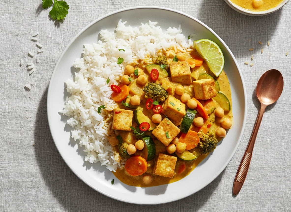 Tofu-Gemüse-Curry mit Reis photo