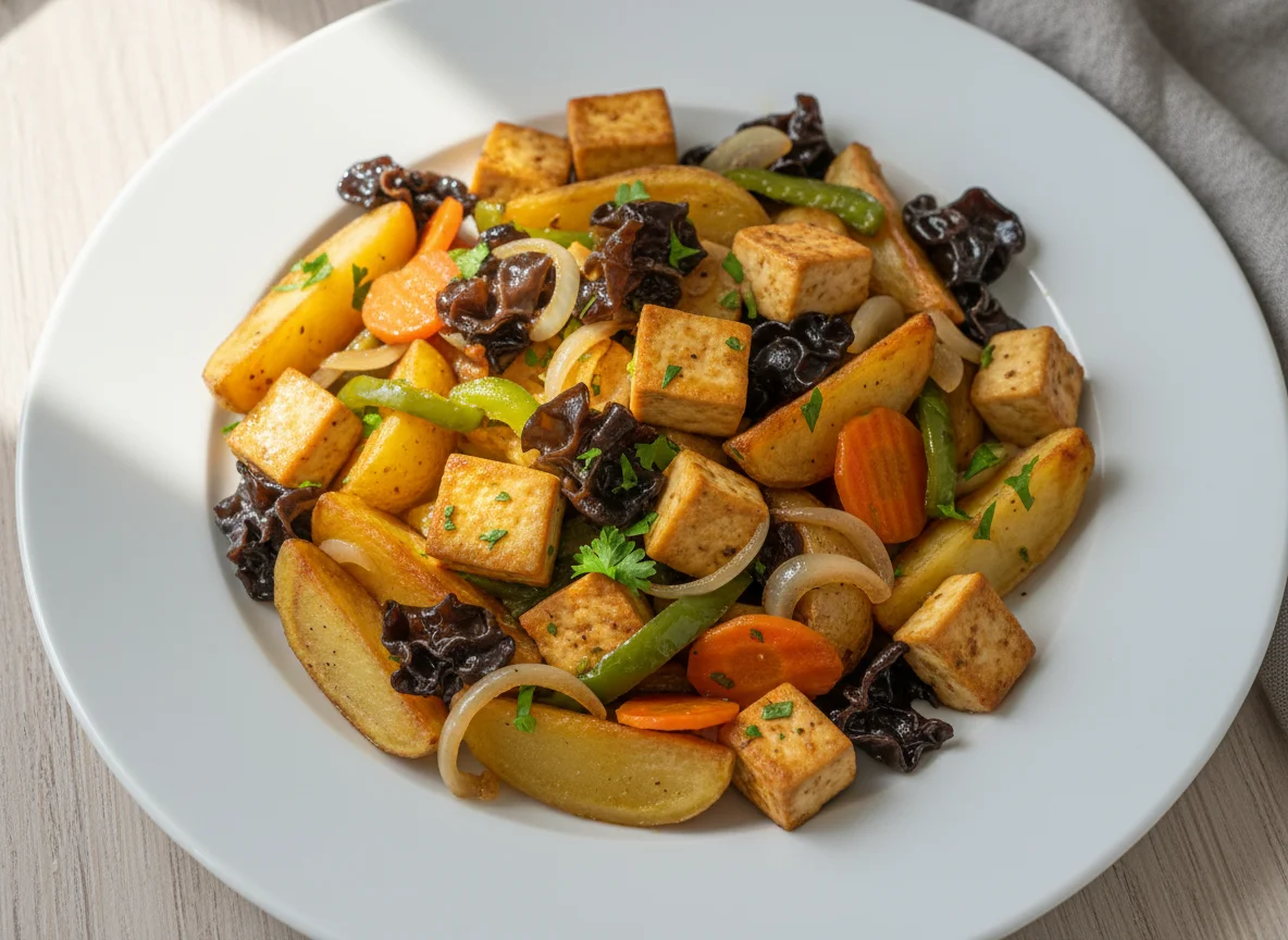 Tofu-Gemüsepfanne mit Pilzen photo