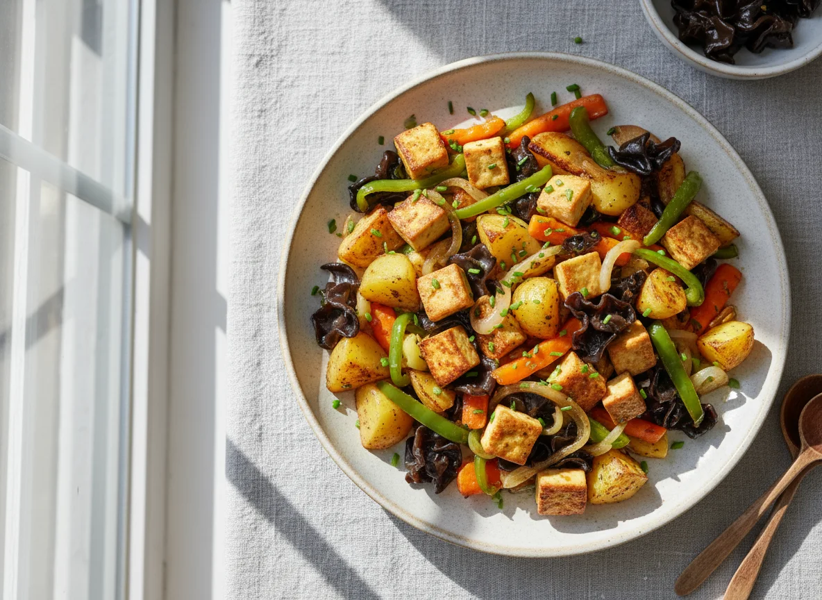 Tofu-Gemüse-Pfanne mit Pilzen photo