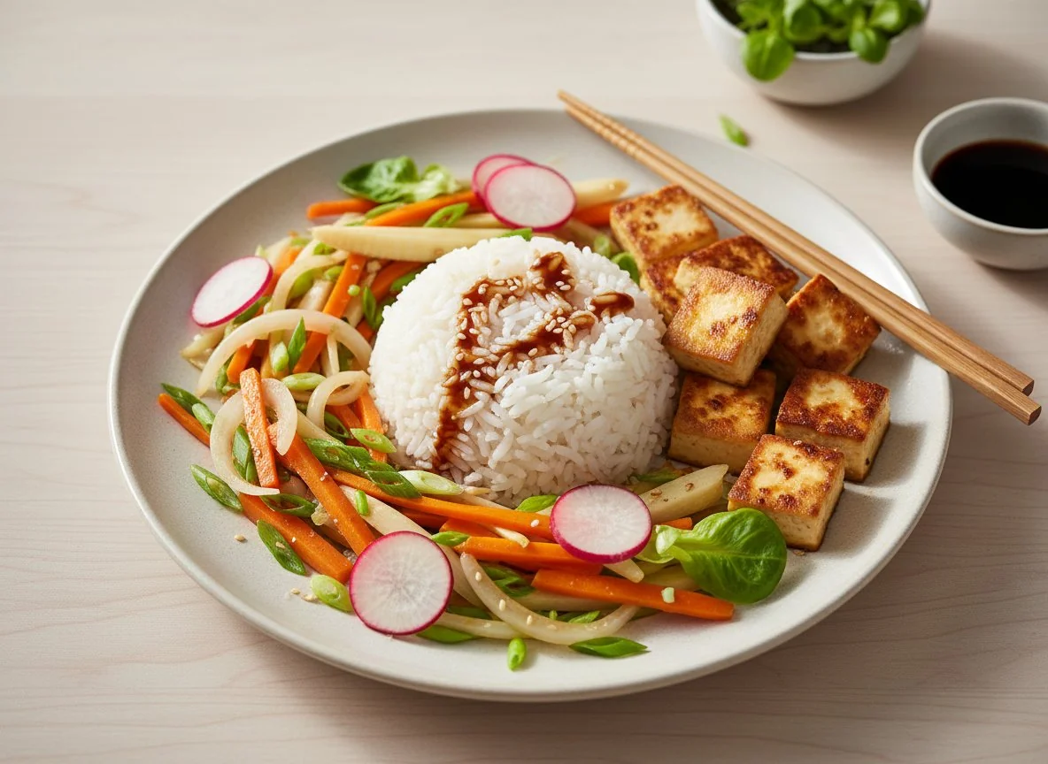 Tofu-Gemüse-Pfanne mit Reis photo