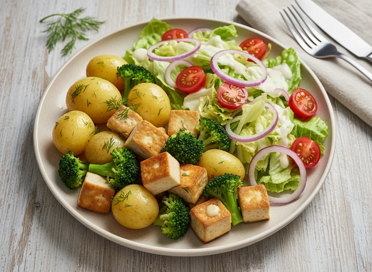 Tofu-Kartoffel-Brokkoli-Mahlzeit mit Salat photo