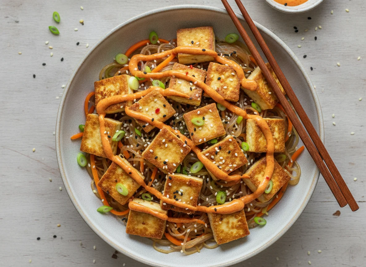 Tofu-Nudel-Bowl mit scharfer Sauce photo