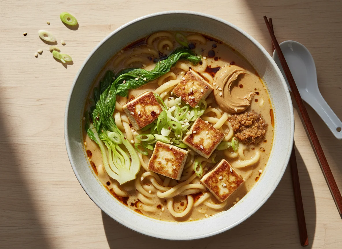 Tofu-Nudel-Suppe mit Erdnuss-Miso-Brühe photo
