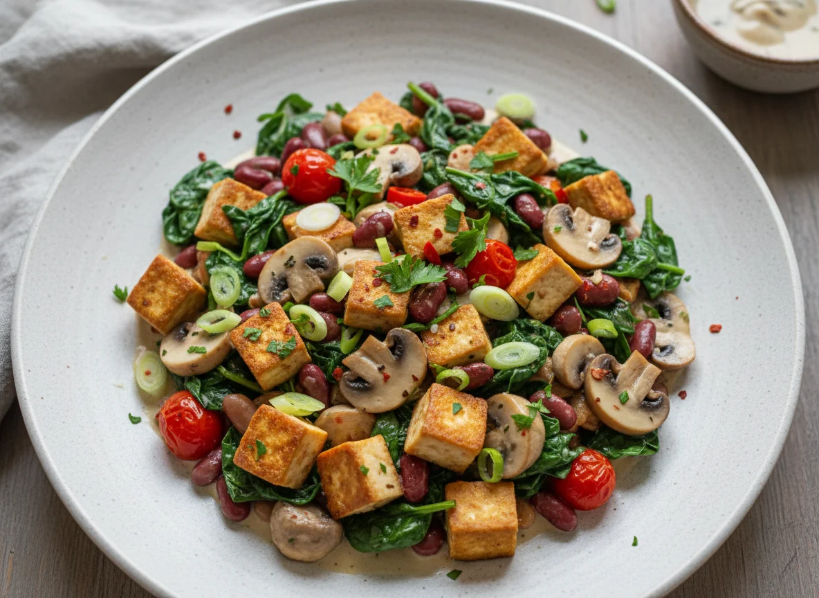 Tofu-Pilz-Bohnen-Pfanne mit Spinat photo