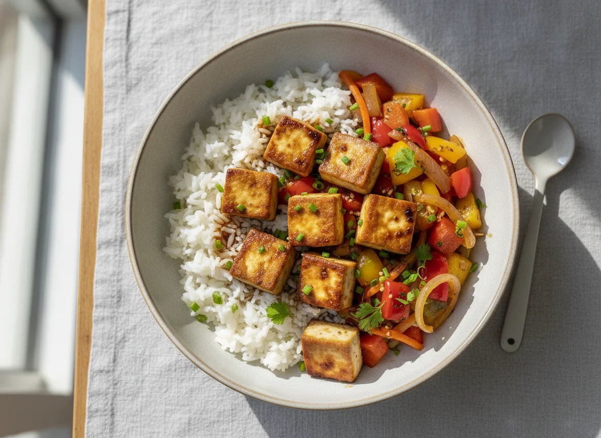 Tofu-Reis-Bowl mit Gemüse photo