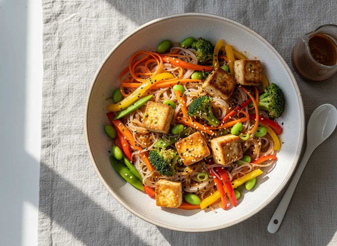 Tofu-Reisnudel-Bowl mit Gemüse photo