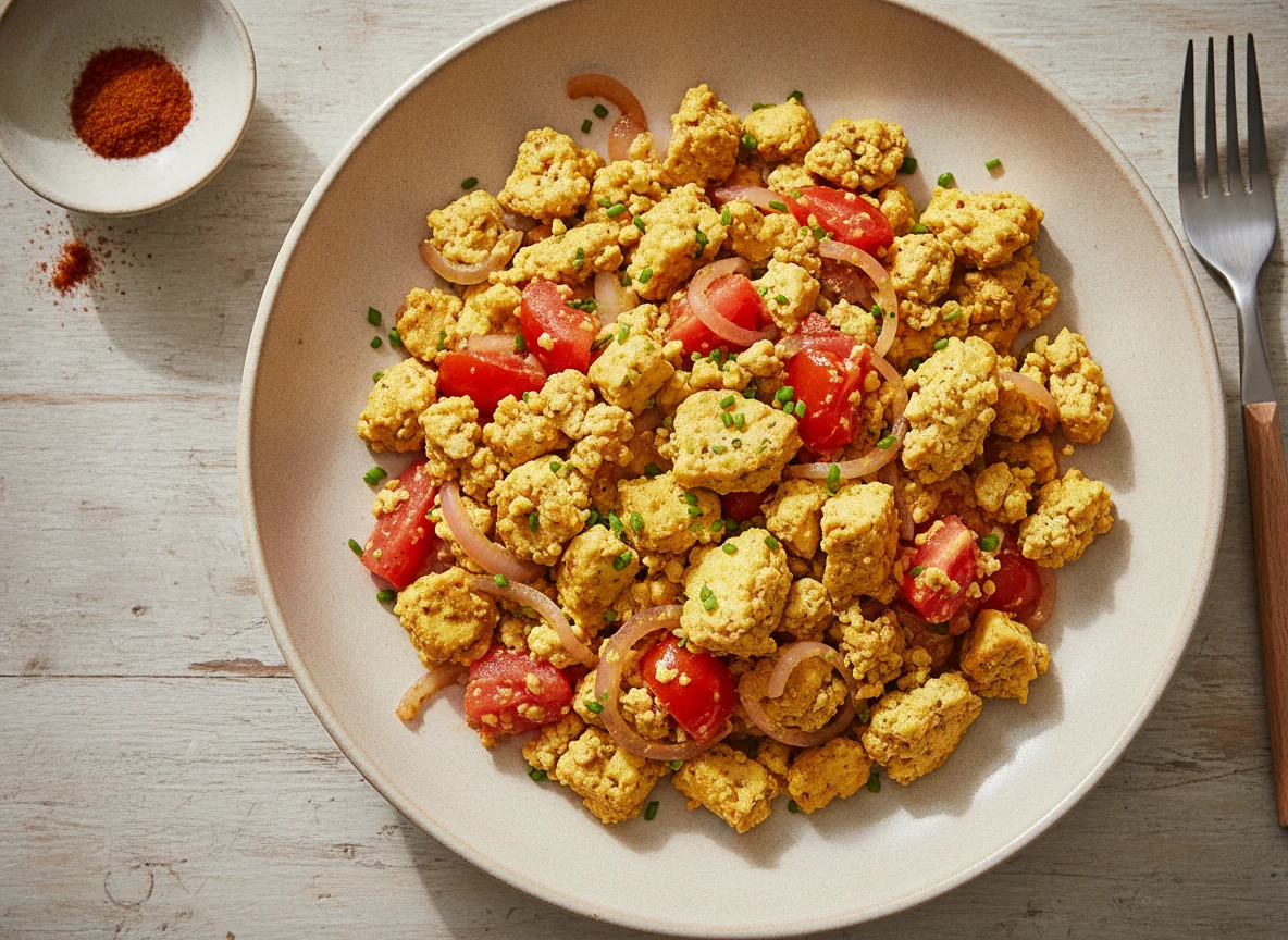Tofu-Rührei mit Tomaten und Zwiebeln photo