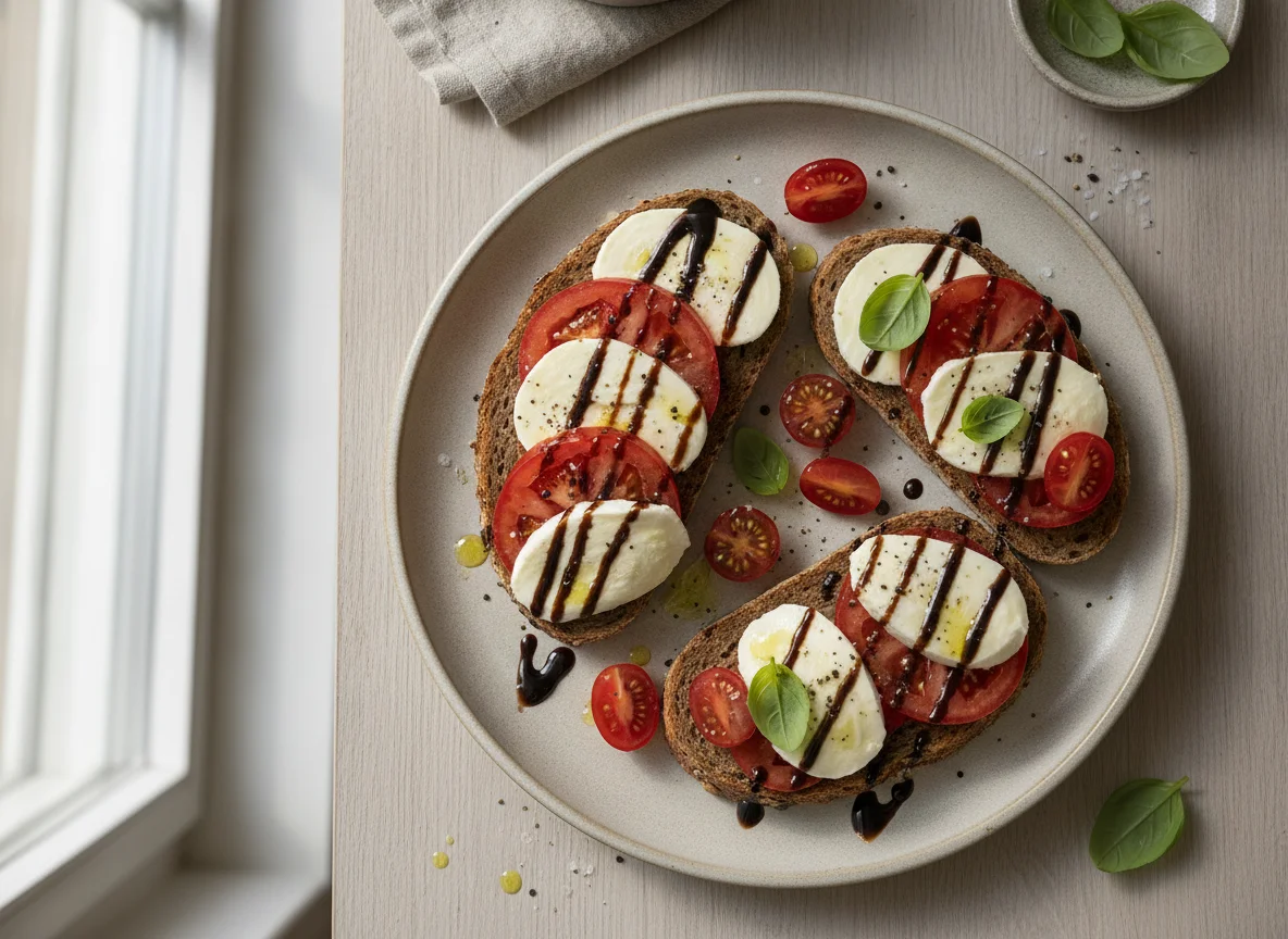 Tomate-Mozzarella-Brot mit Balsamico-Glace photo