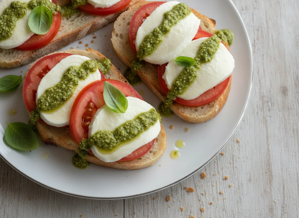 Tomate-Mozzarella-Brot mit Pesto photo