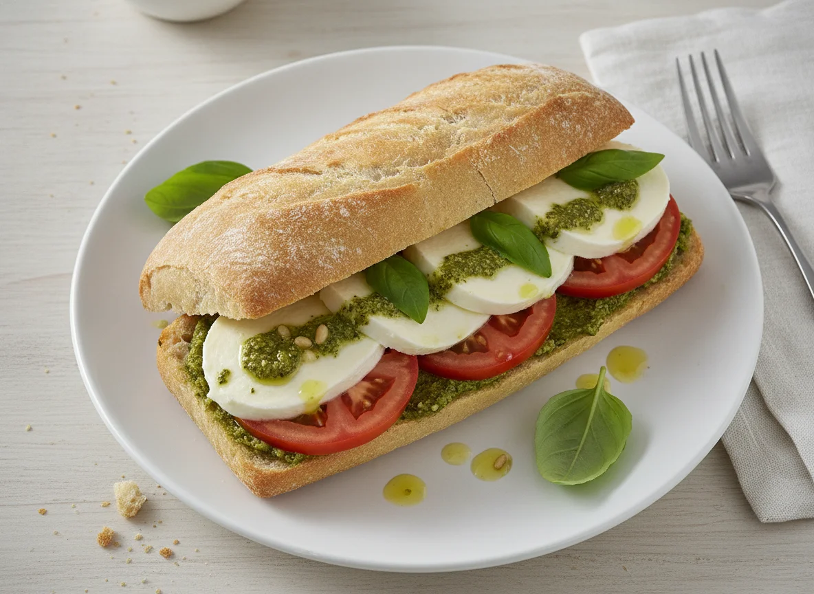 Tomate-Mozzarella-Ciabatta mit Pesto photo