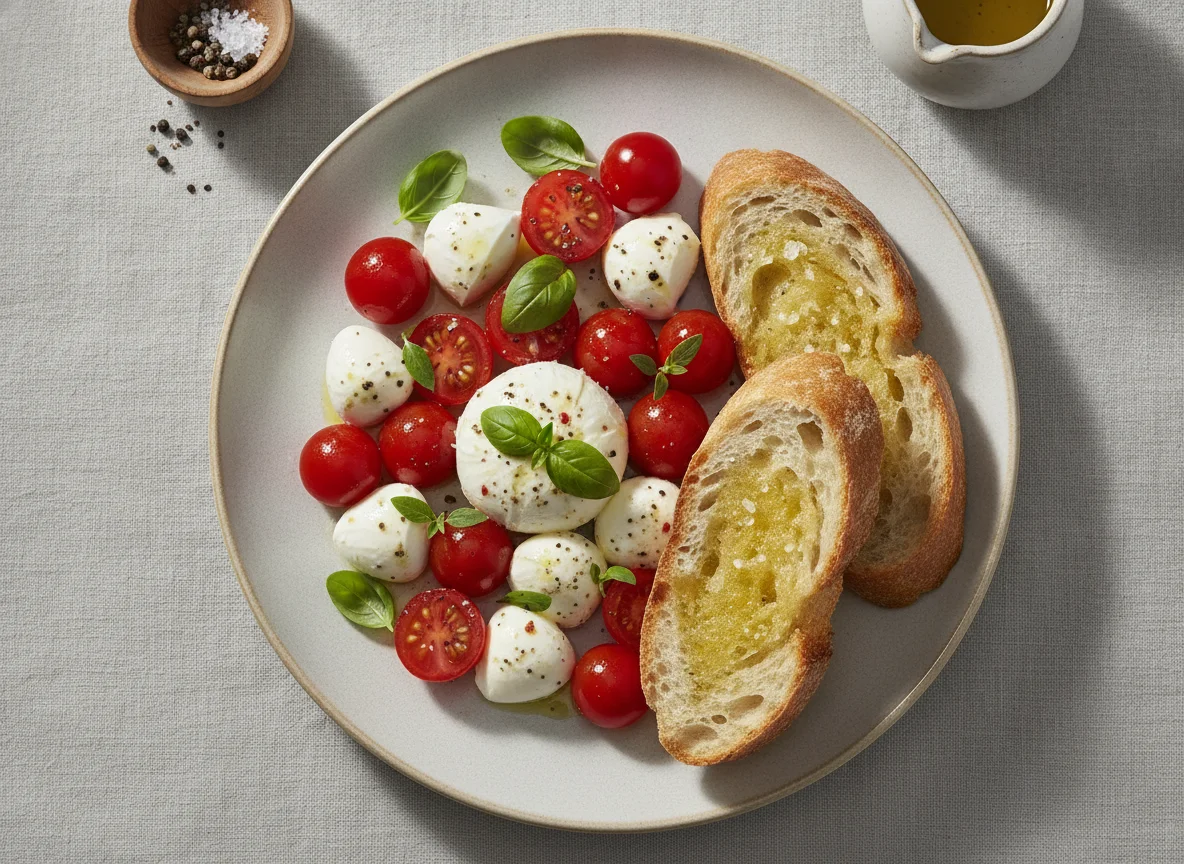 Tomate-Mozzarella-Salat mit Baguette photo