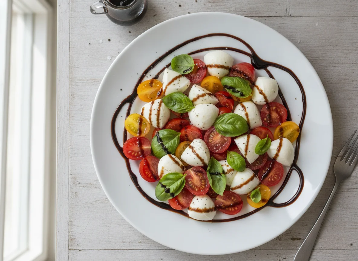 Tomate-Mozzarella-Salat mit Balsamico-Glace photo