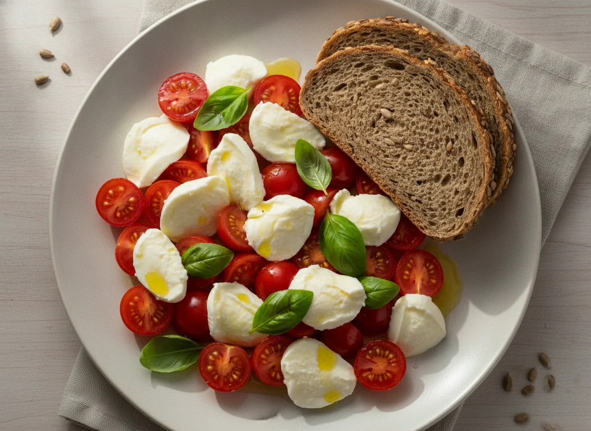 Tomate-Mozzarella-Salat mit Vollkornbrot photo