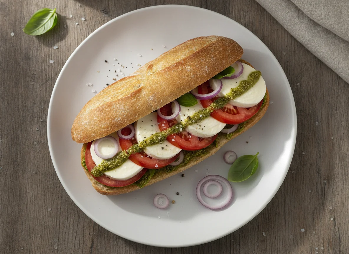 Tomate-Mozzarella-Sandwich mit Pesto photo