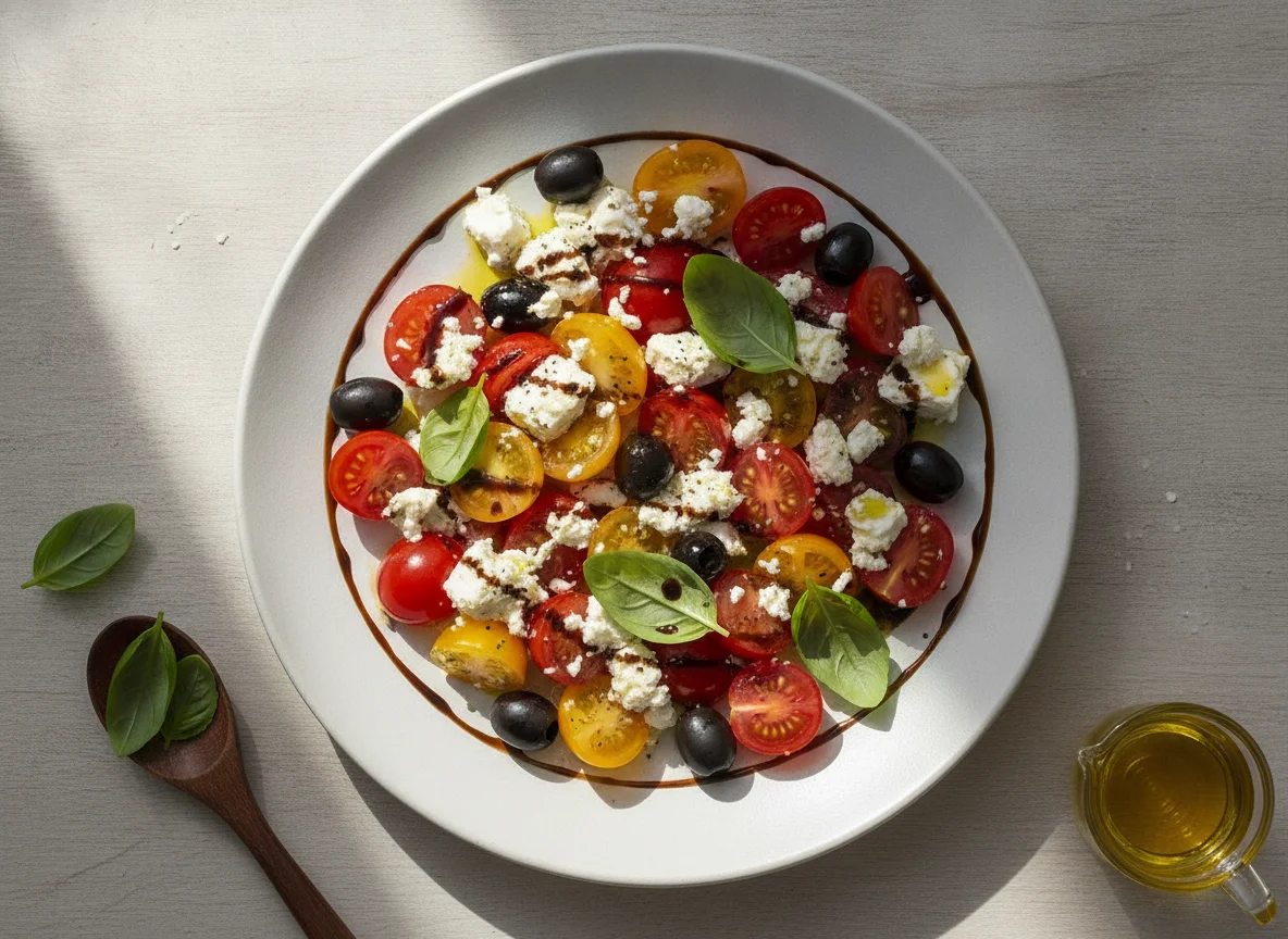 Tomaten-Feta-Salat mit Oliven und Basilikum photo