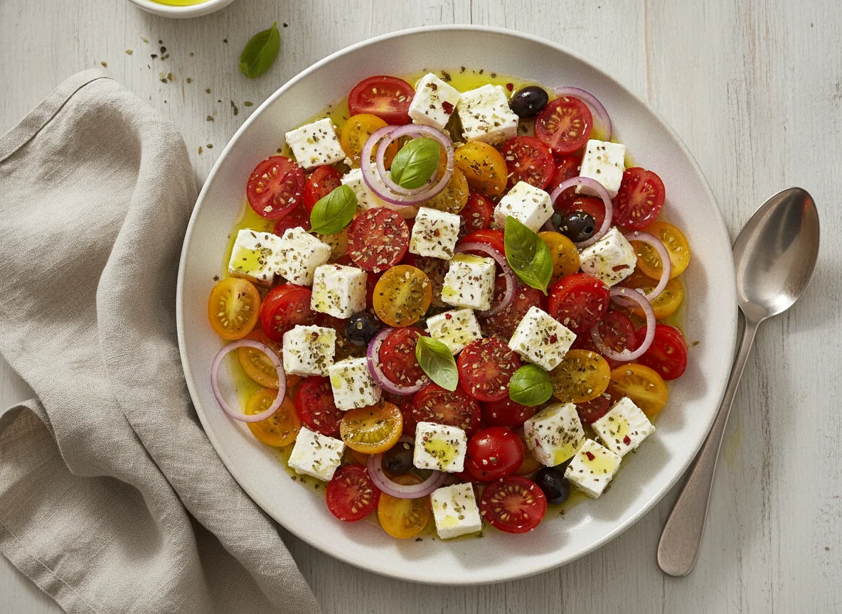 Tomaten-Feta-Salat mit roten Zwiebeln photo