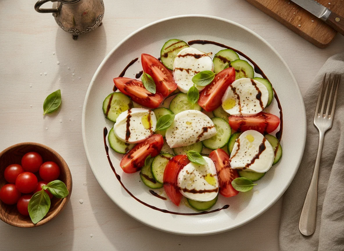 Tomaten-Gurken-Mozzarella Salat mit Balsamico-Glace photo
