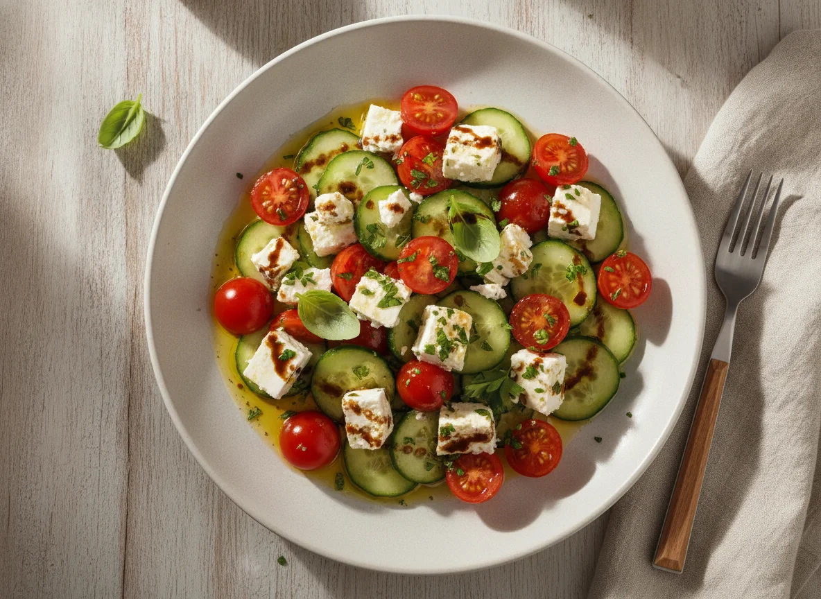 Tomaten-Gurken-Salat mit Feta und Balsamico-Dressing photo