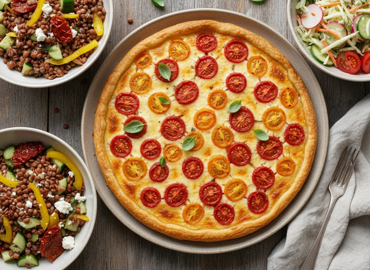 Tomaten-Käse-Tarte mit Linsensalat und Krautsalat photo