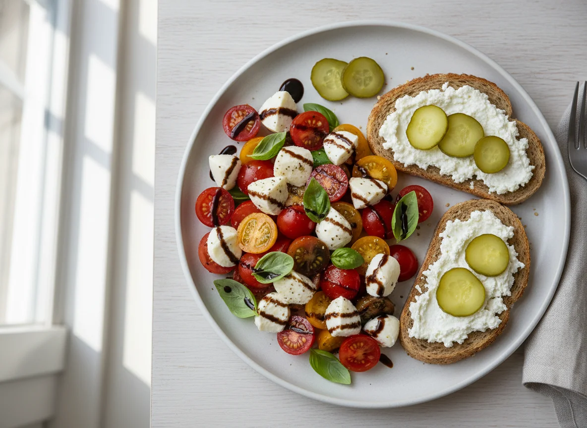 Tomaten-Mozzarella-Salat mit Hüttenkäse-Toast und Essiggurken photo