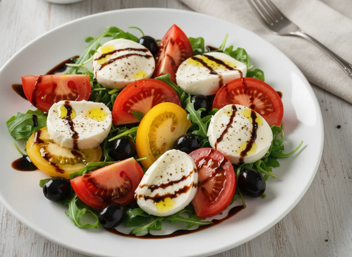 Tomaten-Mozzarella-Salat mit Rucola und Oliven photo