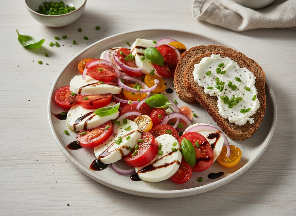 Tomaten-Mozzarella-Salat mit Vollkornbrot und Frischkäse photo