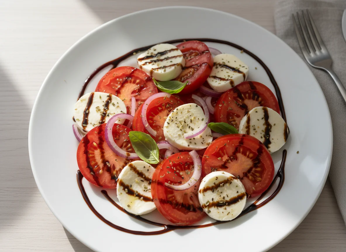 Tomaten-Mozzarella-Salat mit Zwiebeln und Balsamico photo