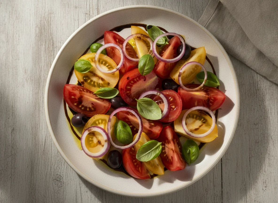 Tomatensalat mit roten Zwiebeln und Balsamico-Dressing photo